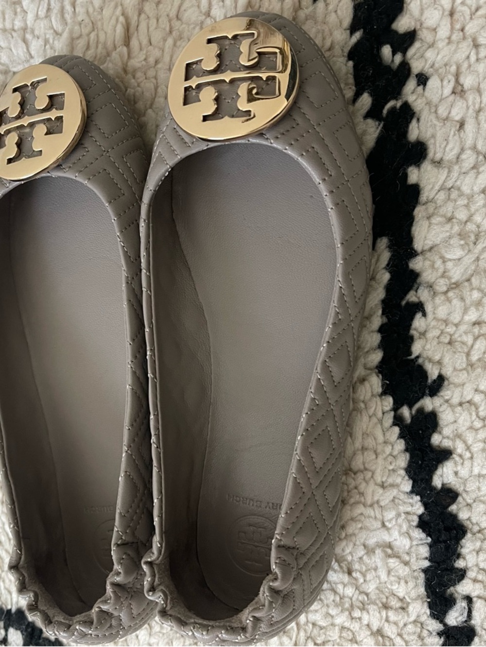 Tory Burch Taupe Quilted Logo Ballet Flats with Gold Emblem - Picture 3 of 7